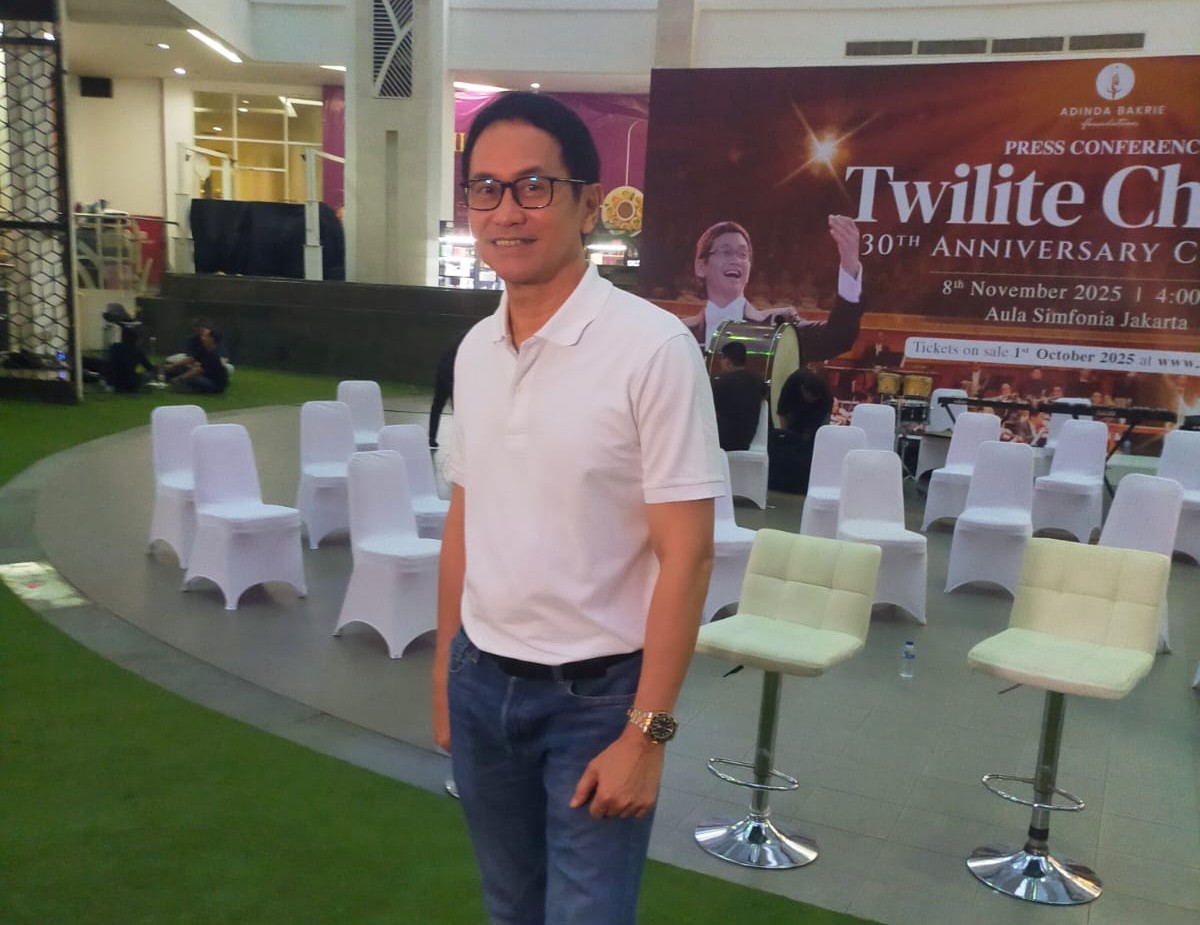 Addie MS di press conference Konser 30 Tahun Twilite Chorus kredit foto: Dailylife/Ruli Indaryanti